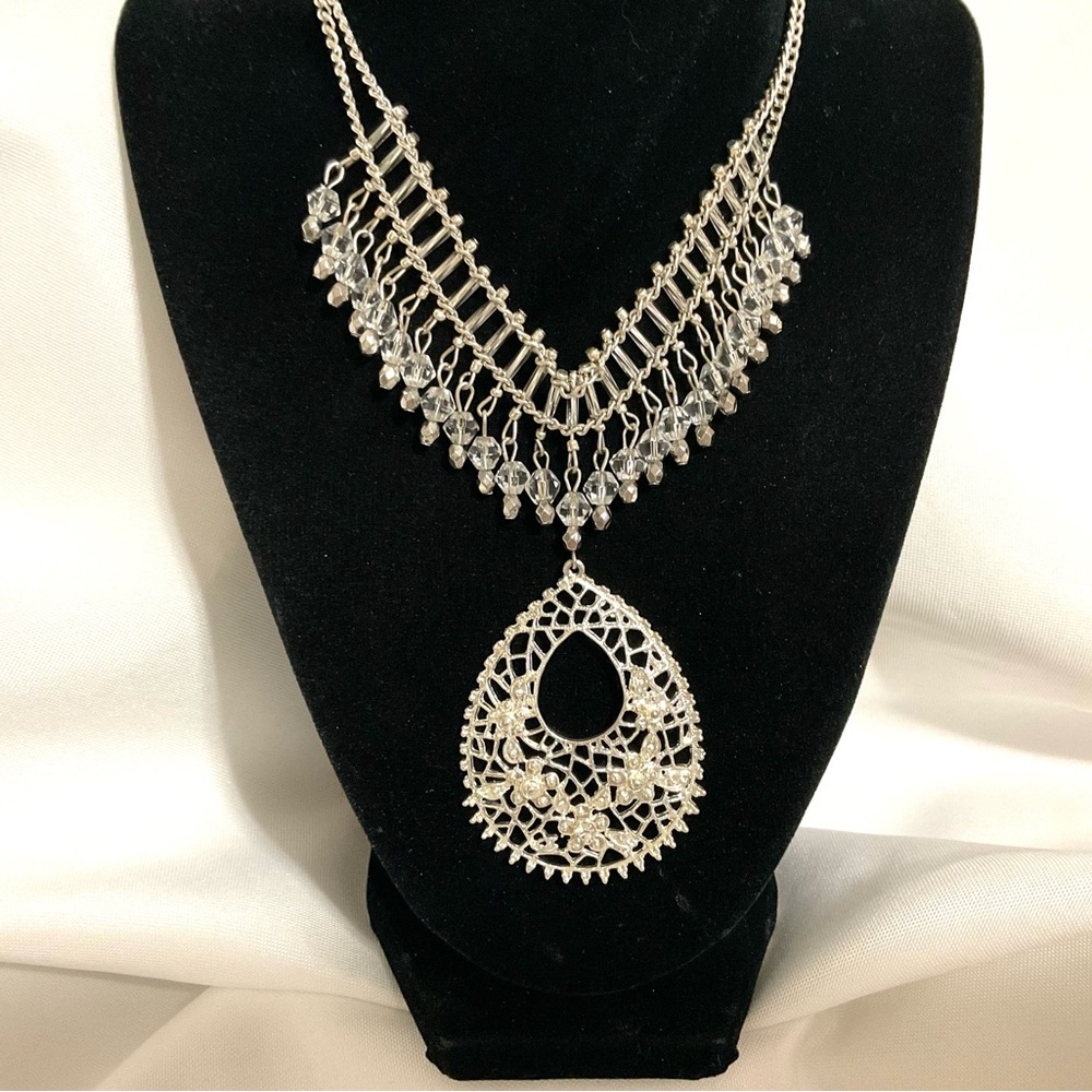 Silver Tone Statement Necklace Featuring Rhinestone Beadwork & Crystals